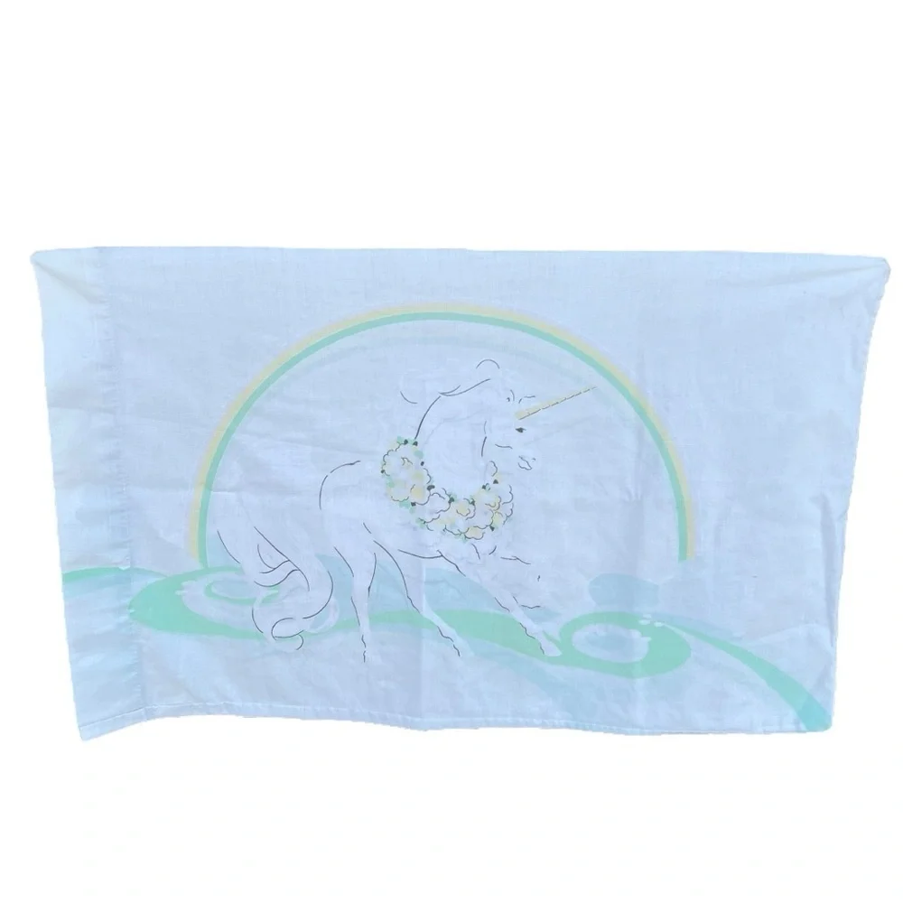 VTG Unicorn Rainbow Sears Young-At-Heart 4-Piece Ruffle Sham Pillowcase Set FLAW